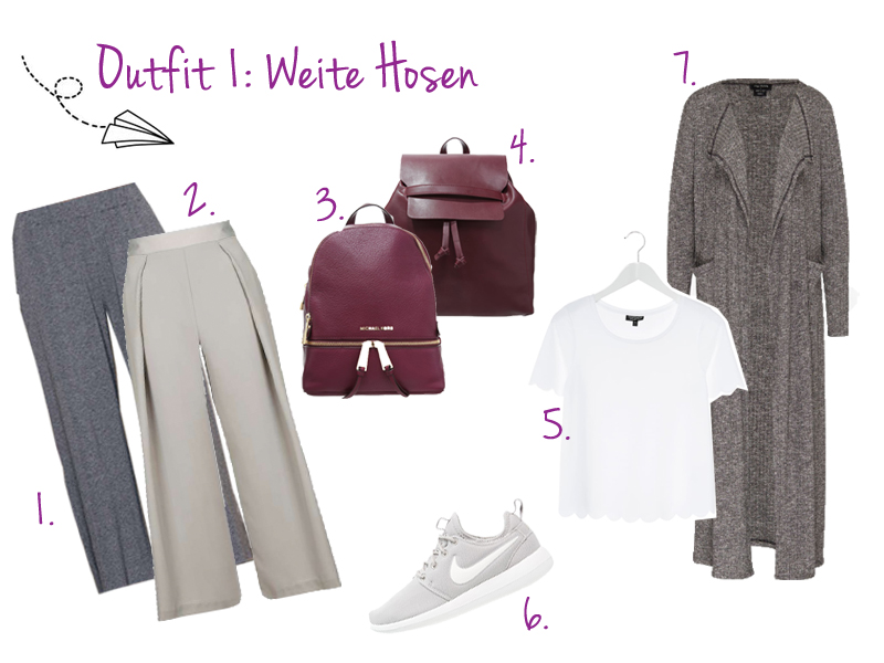 Outfit-Tipps für Langstreckenflüge – Look 1 – weite Hosen – Culottes – Sneakers – Rucksack